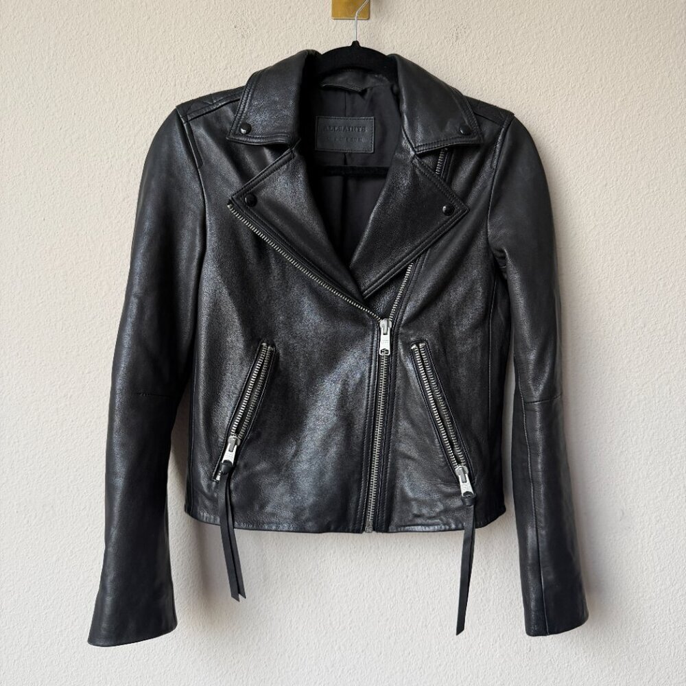 ALL SAINTS Dalby Black Leather Biker Jacket Size 4 - Picture 2 of 7